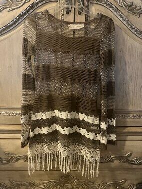 A'Reve Brown & Cream Open Knit & Crochet - Tassells Long Sleeve Top EUC - SMALL
